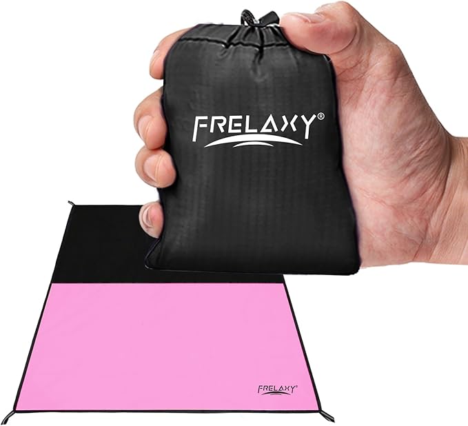 Frelaxy Pocket Picnic Blanket, Waterproof Sandproof Beach Mat, Compact Camping Tarp for Festivals, Hiking, Travel, Outdoor Recreation (Pink & Black, 35'' x 57'')