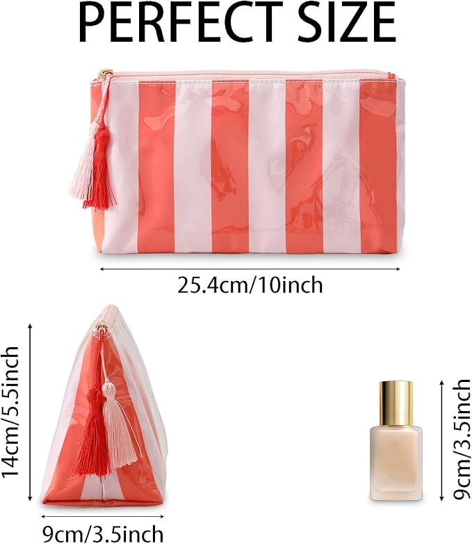 DYSHAYEN Makeup Bags for Purse,Small Clear Coated Cosmetic Bags for Women Girls, Waterproof Travel Organizer Zipper Pouch Beach Vacation Essentials (Pink-Orange)