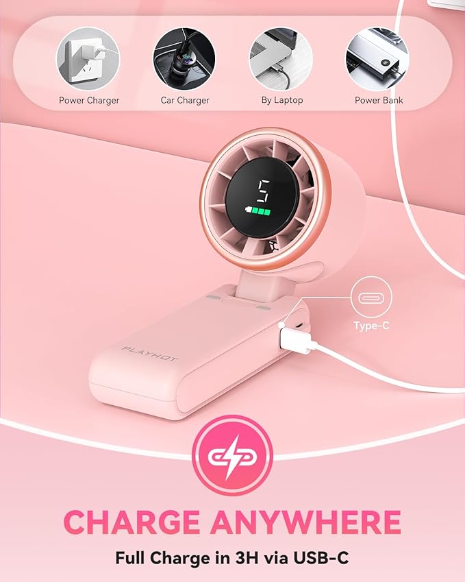 PlayHot Portable Handheld Turbo Fan, 5-Speed Personal Fan, USB-C Rechargeable Fan Up to 12 Hours, 3 IN 1 Hand Fan with Air Turbo Tech Cooling, Travel Fan for Cruise, Beach, Gifts for Women (Pink)