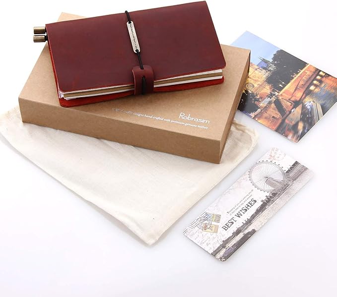 Robrasim Leather Journal Refillable Travelers Notebook, Antique Handmade Leather Writing Diary Notepad, Travel Journal Notebook for Men & Women, Medium Size 6.7" x 4" - Wine