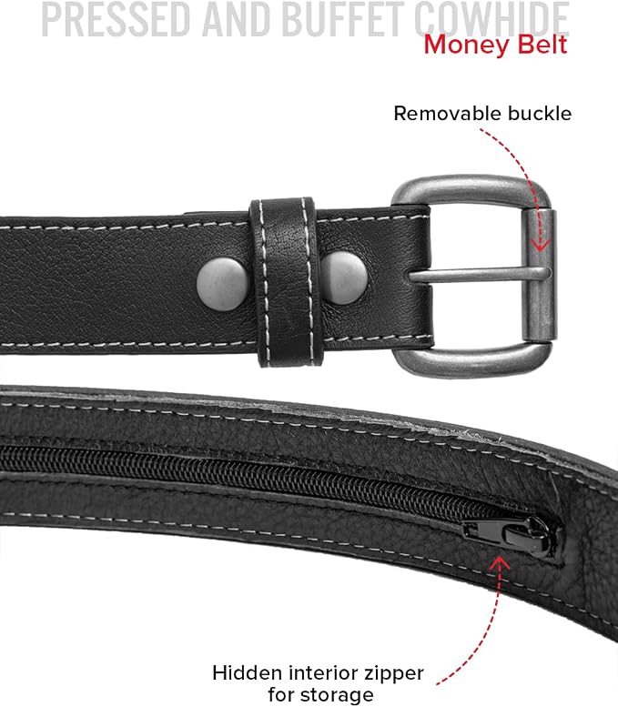First Mfg Co - Mens Premium Leather Belt With Removable Buckle And Hidden Zipper Money Belt Daily Wear For Pants Perfect Fit