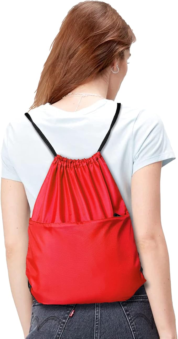 Drawstring Backpack Sports Water Resistant String Bag Sport Gym Sackpack for Women Men Large with Zipper, Red