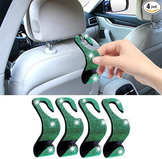 LAINLOY 4PCS Bling Car Headrest Hook, Crystal Rhinestone Back Seat Purse Holder, Car Seat Hanger Storage for Bag, Grocery, Handbag, Universal Interior Accessories for SUV Car Truck (Green)