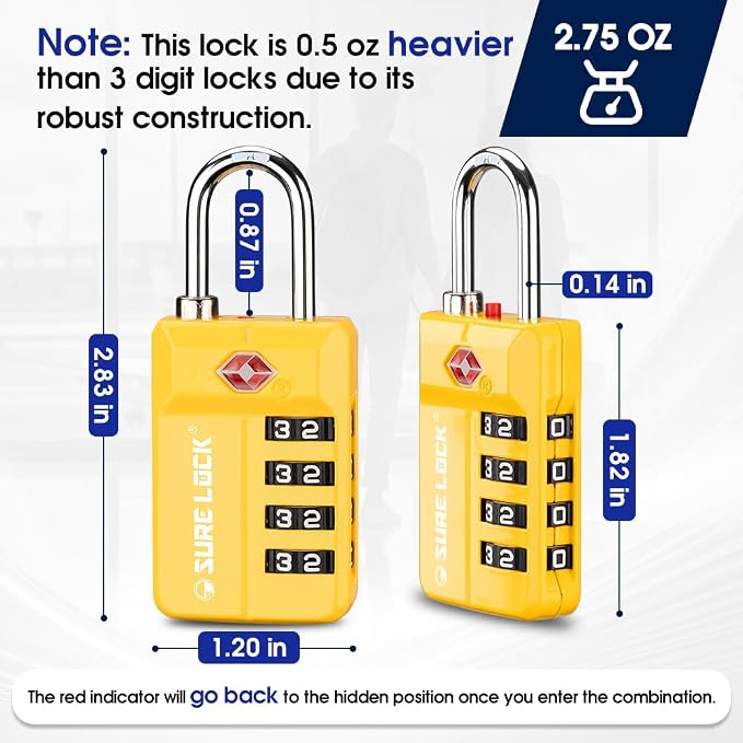 SURE LOCK TSA Approved 4-Digit Resettable Combination Luggage Lock with Open Alert, Easy-Read Dials - for Luggage, School Lockers, Gym, Office, Toolbox & Security Cases(Yellow 1PACK)