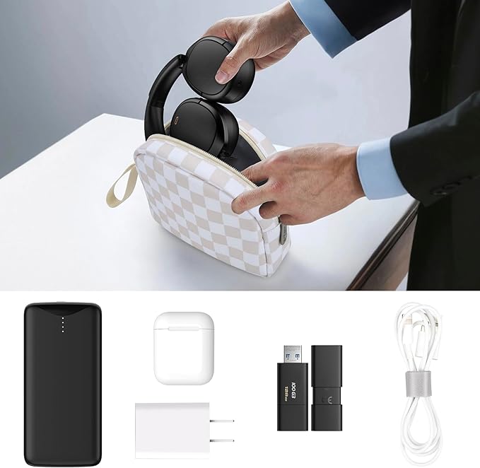 E-Tree Soft Headphone Case Bag for JBL Tune 510BT/520BT/500BT/720BT/Sony WH-CH520/510/720/710/BERIBES/SoundCore Q20/30/TOZO/KVIDIO/JLab/Bose, Travel Electronic Accessories Organizer (Checkered-Beige)