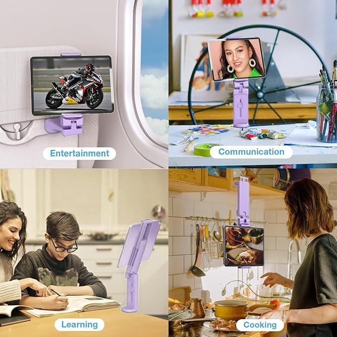 Airplane Tablet Holder Mount, 360 Degree Rotating Hands-Free Travel Stand, Max 7.6” Adjustable Clamp Opening, Compatible with iPad (Not for iPad 12.9”/13”), Purple (Only Fits 7–11" Tablets)