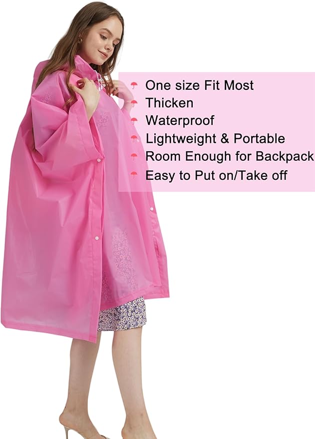 Rain Ponchos for Adults, 2 Pack Raincoats Jacket Reusbale with Drawstring Hood Sleeves for Women Men
