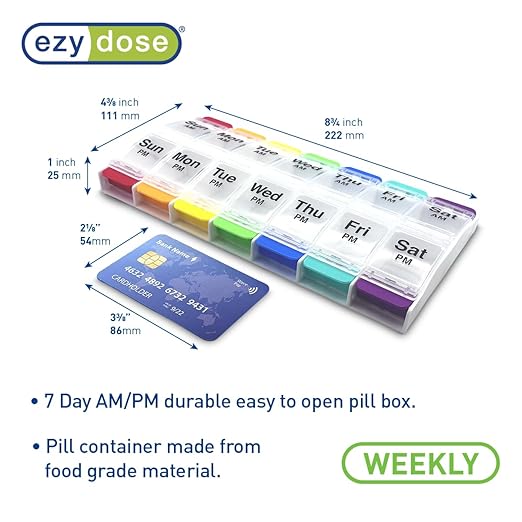 EZY DOSE Push Button (7-Day) Pill Case, Medicine Planner, Vitamin Organizer, 2 Times a Day, AM/PM Container, X-Large Compartments, Arthritis Friendly, Easy to Use, Clear Lids, Rainbow, BPA Free