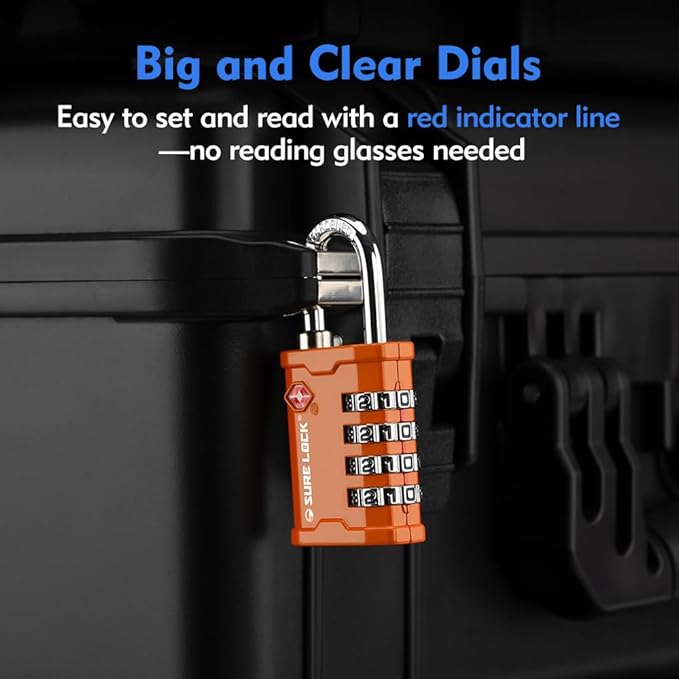 SURE LOCK TSA Approved 4 Digit Combination Lock, Heavy Duty Padlock with Red Dot Indicator for Gun Cases, Pelican Cases, Tool Boxes, Gym Lockers, Storage Units & Outdoor Gates (2, Orange)