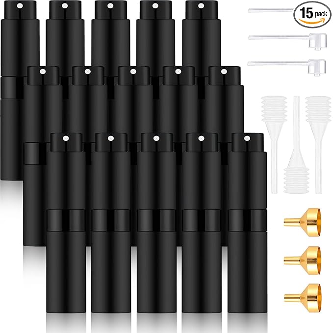 Beieverluck 15 Pieces 8ML Travel Perfume Atomizer Refillable Perfume Bottle Portable Cologne Sprayer for Perfume Women Men, Black