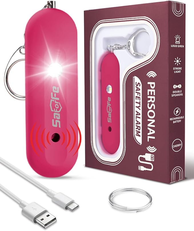 Personal Safety Alarm for Women - Waterproof Rechargeable Security Alarm - 140dB Extra Loud Siren with SOS Strobe Light - Self Defense Keychain for Women Girls Teens Seniors(Cherry)