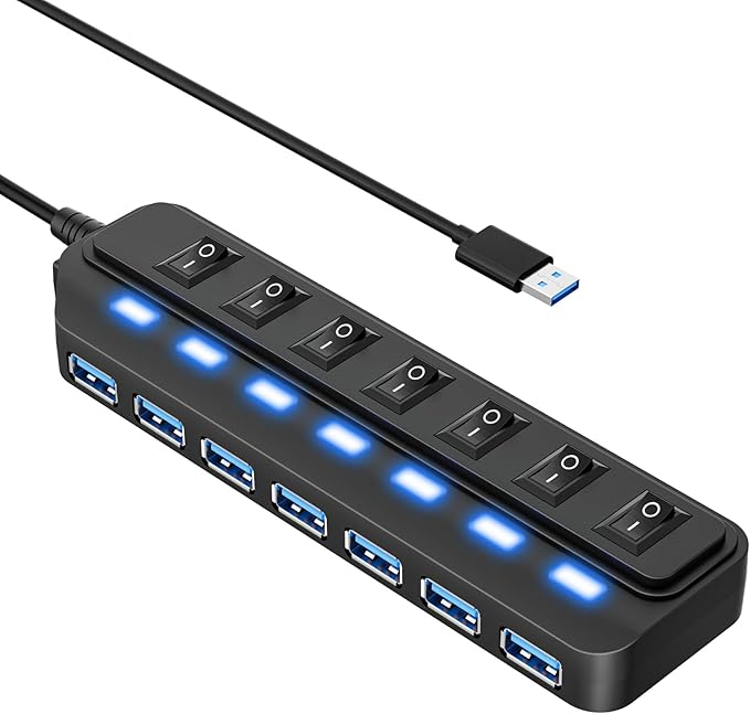 WIRWTRU USB Hub 7 Port,USB 3.0 Hub Splitter with Individual On/Off LED Switches, USB Hub for PC, 5Gbps HighSpeed Data for Laptop, Mac, PC, Desktop, PS5, Xbox and More