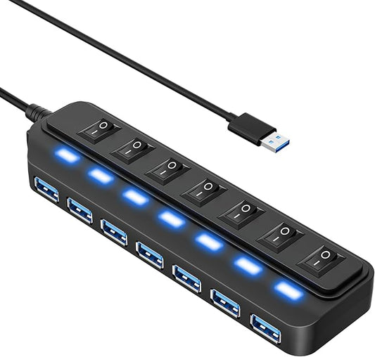 WIRWTRU USB Hub 7 Port,USB 3.0 Hub Splitter with Individual On/Off LED Switches, USB Hub for PC, 5Gbps HighSpeed Data for Laptop, Mac, PC, Desktop, PS5, Xbox and More