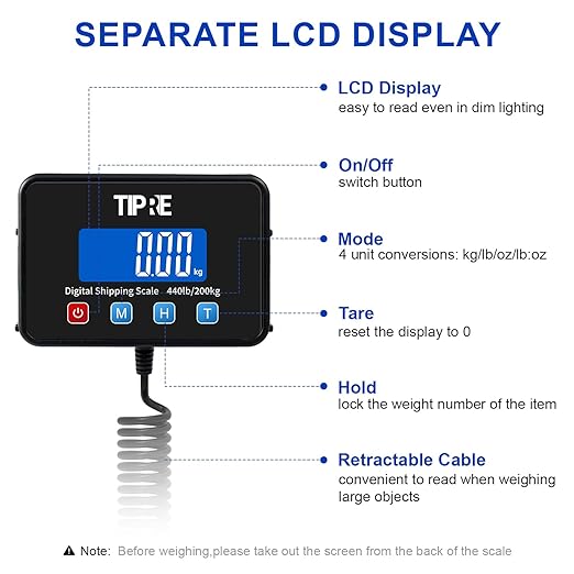 TIPRE Shipping Scale 440lbs for Packages,Lightweight Carbon Fibre Heavy Duty Digital Postal Scale,0.5 oz High Accuracy Commercial Scale with Charging Cable & Batteries for Small Business,Warehouse