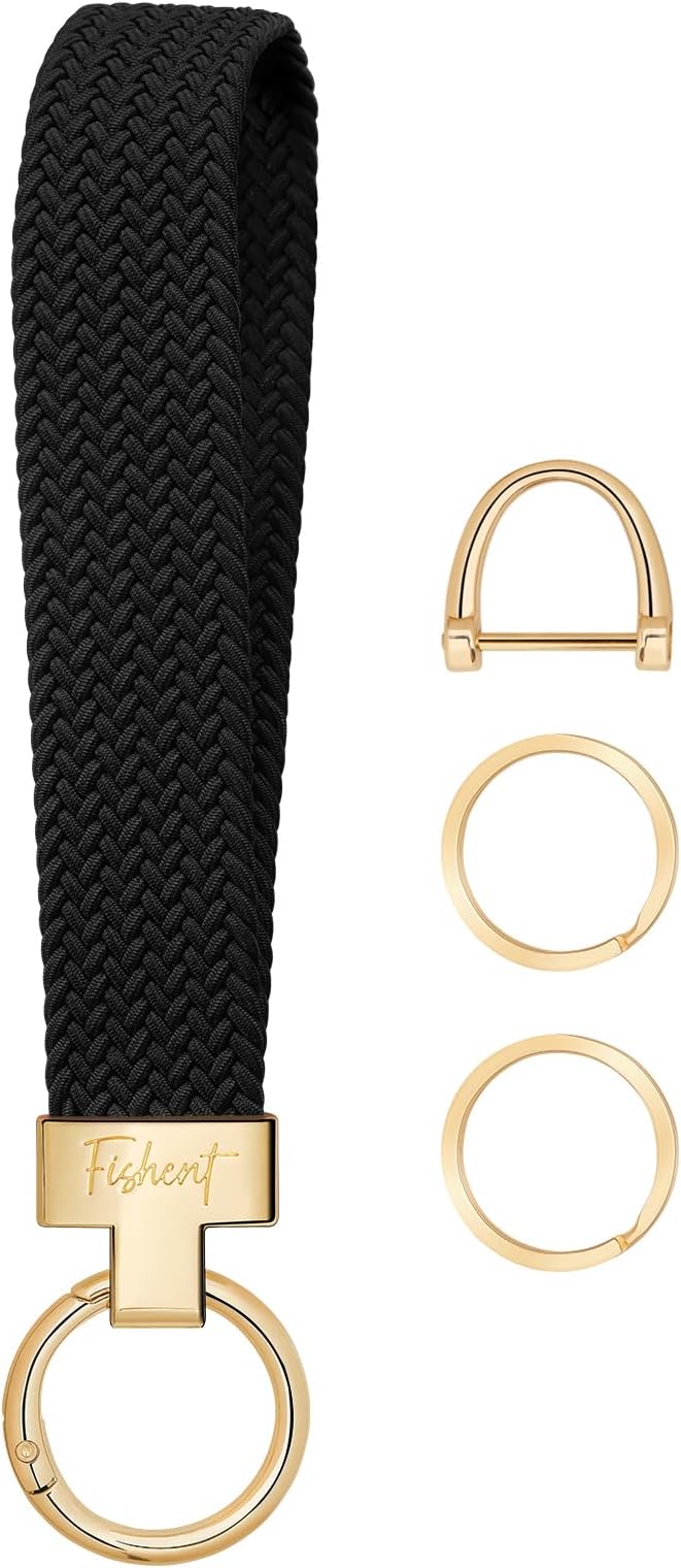 Fishent Stretchy Wristlet Keychain, Cute Key Chain, Woven Wrist Lanyard for Car Keys with 3 Keyrings and D-ring for Women Men