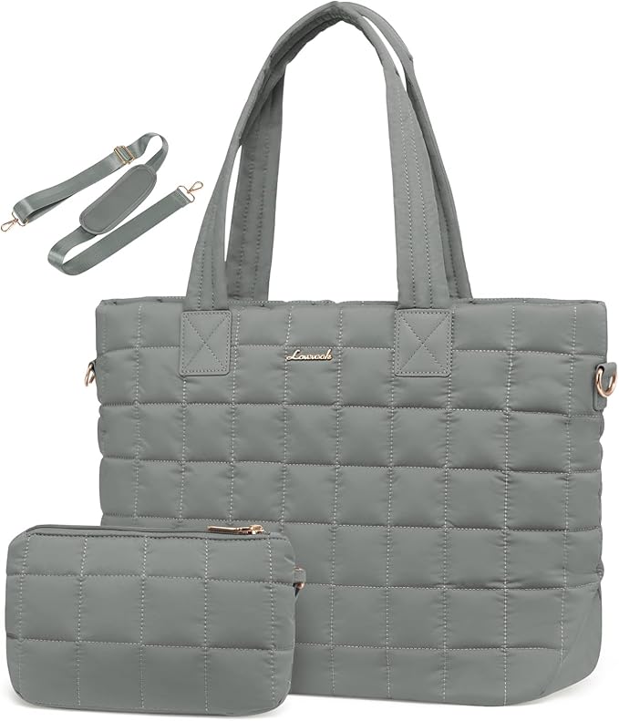 LOVEVOOK Laptop Tote Bag for Women, 15.6 Inch Large Puffer Work Computer Tote Bags for Teacher Nurse, Quilted Women's Purse Tote Shoulder Handbags with Zipper for Travel College Office Gym, Green