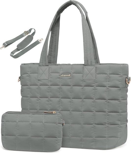 LOVEVOOK Laptop Tote Bag for Women, 15.6 Inch Large Puffer Work Computer Tote Bags for Teacher Nurse, Quilted Women's Purse Tote Shoulder Handbags with Zipper for Travel College Office Gym, Green