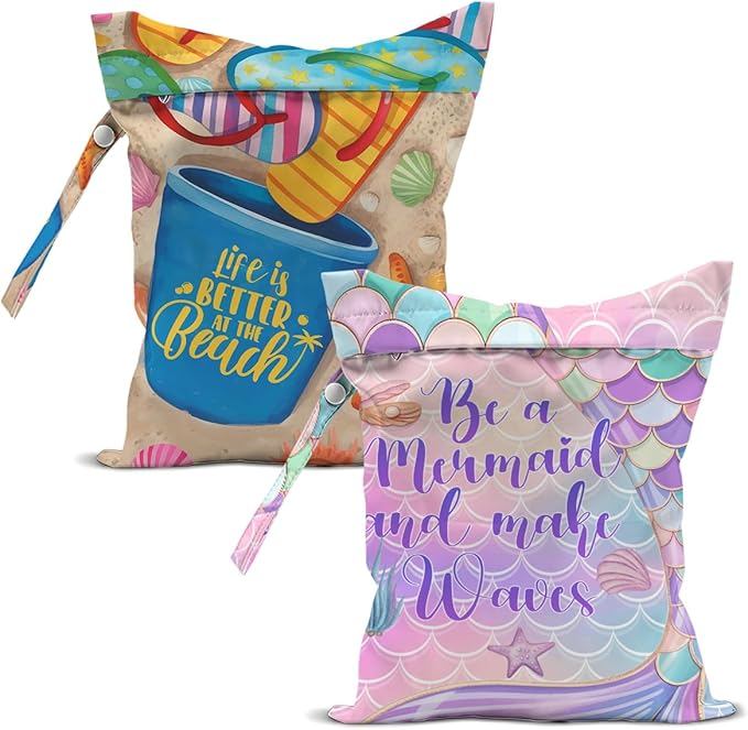 2 Pcs Mermaid Scale Print Wet Bags, Ocean Wet Dry Bag Reusable Zipper Pouch for Swimsuit, Diapers, Pool, Beach, Travel, Dirty Yoga Gym Clothes, Toiletries, Waterproof Birthday Beach Gifts