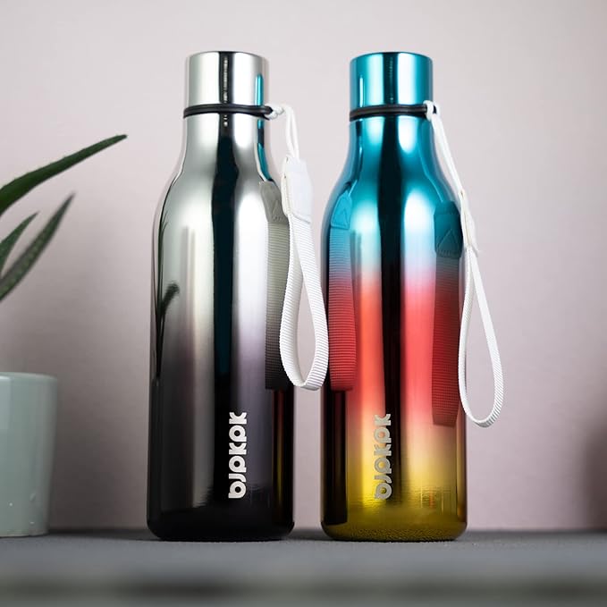 BJPKPK Insulated Water Bottles, 18 oz Stainless Steel Metal Water Bottle with Strap, BPA Free Leak Proof Jugs, Mugs, Flasks, Reusable Thermal Flasks for Sports & Travel, Shining Blue