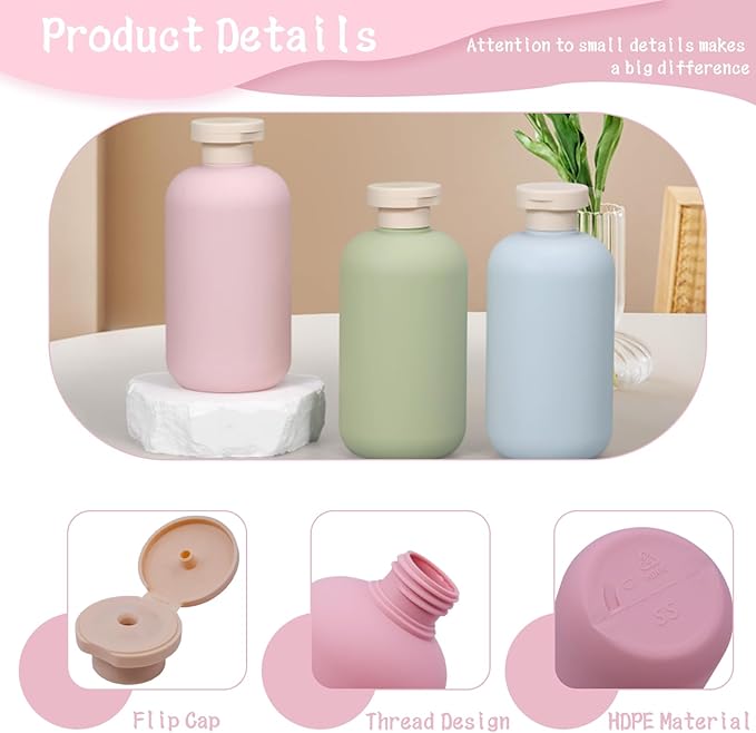 3-Pack Leakproof Travel Bottles - 6.8 oz Squeeze Shampoo & Lotion Containers with Locking Flip Caps, Food Grade HDPE/PP, for Toiletries, Gym, Camping (Green, Blue, Pink)