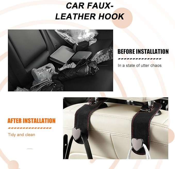 2PCS Car Seat Headrest Hook, Cute Heart Vehicle Backseat Purse Bag Hanger Organizer, Auto Seat Back Storage Holder for Groceries Coats Umbrellas, Universal for Vehicles (Black)