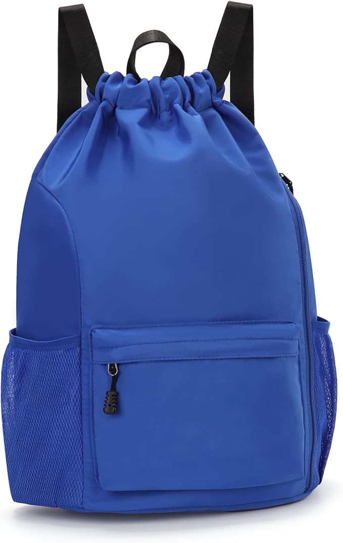 Valleycomfy Waterproof Drawstring Gym Backpack Bag for Men & Women,Sports Gym Bag with Side Pocket Blue