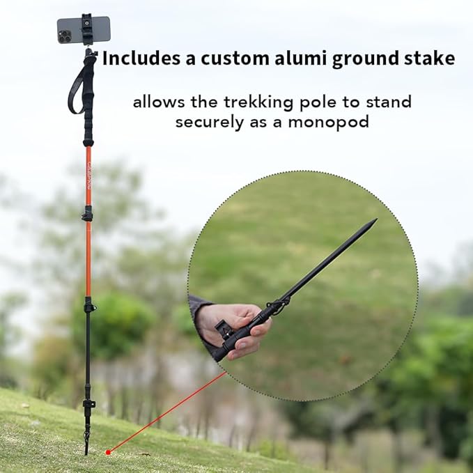 Selfie Trekking Pole – Ultralight 7075 Aluminum Hiking Poles with Built-in 1/4” Mount, Selfie Clamp, Tripod & Camera Kit – Adjustable Flip-Lock Walking Stick for Men & Women