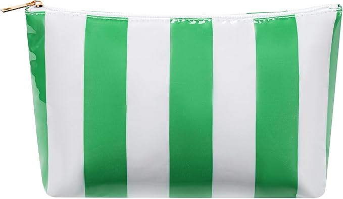 Large PVC Waterproof Striped Makeup Bag,Clear Coated Cosmetic Bags,Easy to Clean,Travel Organizer Zipper Pouch Beach Vacation Essentials for Women Girls(03Green)