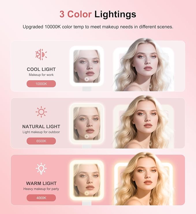 Travel Makeup Mirror with Lights 10X/1X Double-Sided Magnifying LED Beauty Mirror Rechargeable Portable Vanity Mirror with 3 Color Lighting Smart Touch Dimming Desktop Handheld Hanging (Pink)