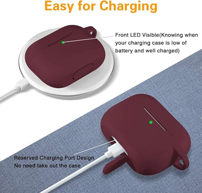 Lerobo Compatible with AirPods Pro Case Cover,Full Protective Shockproof Washable Silicone Case for Airpods Pro 2 Supports Wireless Charging with Carabiner Front LED Visible,Burgundy