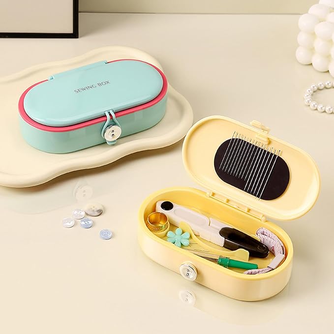 Portable Sewing Kit for Emergency Repair, Travel Sewing Kit Box with Round Case, Includes Needles, Thread, Scissors, Thimble - Perfect Home & Dorm Essential for Beginners (3 Stylish Colors) (White)