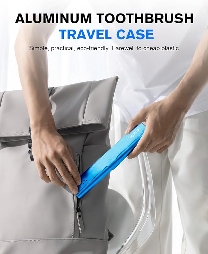 Toothbrush Case Cover for Traveling, Aluminum Toothbrush Holder for Manual Toothbrush + Mini Toothpaste, Portable Tooth Brush Storage Box for Camping Business Trip-Blue (1 Pack)