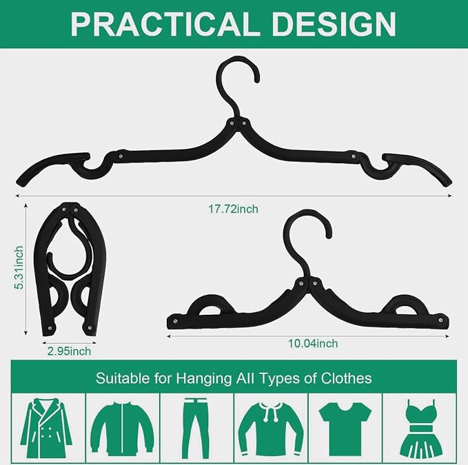 12 PCS Black Portable Folding Clothes Hangers,Black Foldable Hangers Lightweight Travel Accessories,Non-Slip Folding Hangers for Clothes for Travel and Home