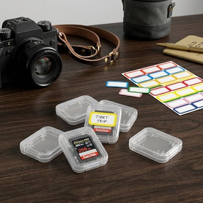 40 Pcs Clear SD Card Holder, Plastic SD Card Case with 48 Pcs Colorful Labels Standard SDHC SDXC Memory Cards Organizer Portable Photography Storage Accessories