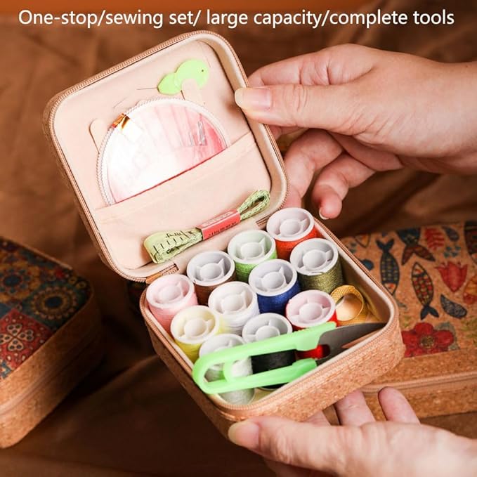 Sewing Box,Portable Travel Sewing Kit ，Vintage Soft Wood Print Sewing Kit,Mini Sewing Kits Storage Box,with 11 Color Thread, Scissors, Needles, Tape Measure and Other Accessories (Sunflower)