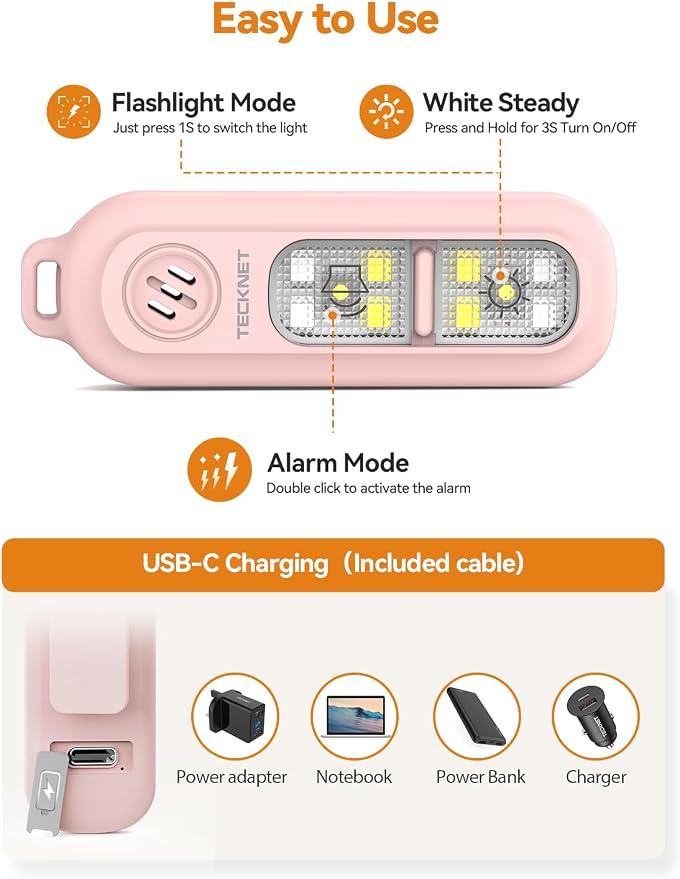 TECKNET Personal Safety Alarm 135dB with SOS Strobe Light for Women - Rechargeable& IPX4 Waterproof Running Lights with Clip On Torch & Low Battery Notice, Safety Siren for Running Travel Kids, Pink