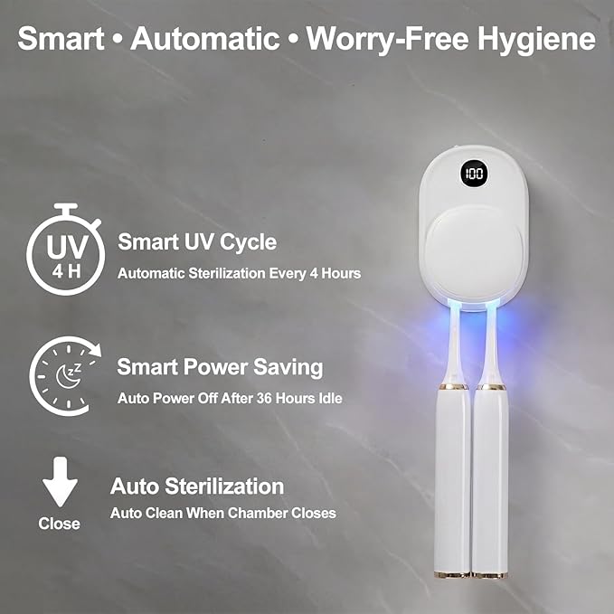 UV Toothbrush Sanitizer Holder Wall Mounted for Bathroom, Travel Toothbrush Case Design, Electric Toothbrush Holder with UVA+UVC Light & Fan Drying, USB Rechargeable Toothbrush Cleaner