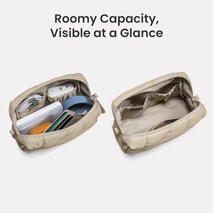 tomtoc Electronics Organizer Travel Case, Soft Puffy Organizer Bag Birthday Gifts Travel Essentials for Women Girls, Portable Accessory Tech Pouch Storage for Charger, Cord, Cable, Phone