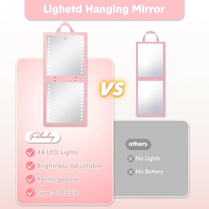 Fabuday Lighted Hanging Mirror for Dance Backstage - Rechargeable Folding LED Full Length Mirror with Lights for Dancers, Portable Foldable Travel Body Mirrors, Brightness Adjustable, Pink