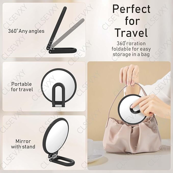 CLSEVXY Magnifying Handheld Mirror Double Sided, 1X 15X Magnification Hand Mirrors, Travel Folding Hand Held Mirror, 360°Rotation Pedestal Makeup Vanity Mirror