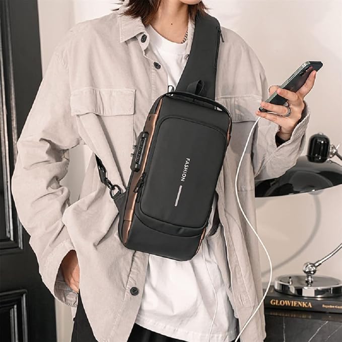 Waterproof Polyester Slim Unisex Crossbody Sling Bag Chest Backpack Men's Shoulder Bag, Leisure Travel Handbag, Hard Shell Anti-Theft Chest Bag, Fashion Bag - Black & Golden, Standard