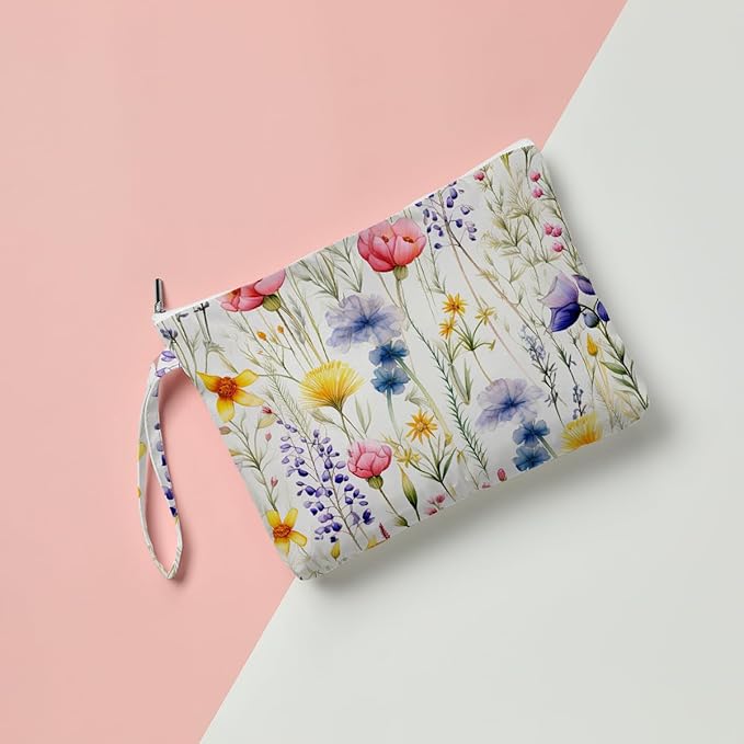 Fokongna Floral Print Wet Bag, Small Portable Waterproof Multi-Functional Organizer for Women, Ideal for Daily, Beach & Travel, Multicolor Wildflower Meadow