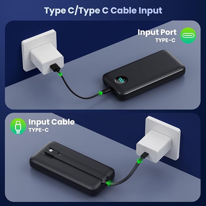 Portable Charger 40,800mAh Power Bank,25W PD QC 4.0 Fast Charging Portable Phone Charger with Built-in Cables,LCD Display USB C Travel Essentials Battery Pack for iPhone 17/16/15/14,Android Samsung