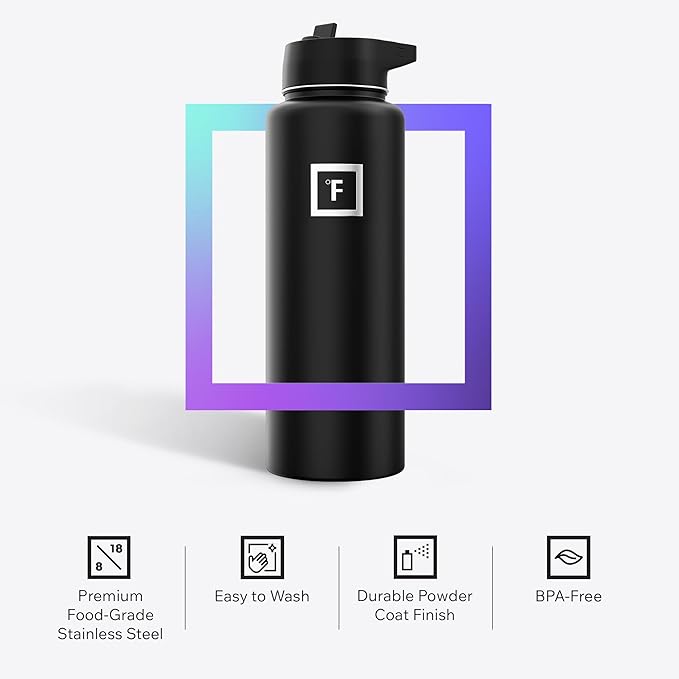 IRON °FLASK Camping & Hiking Hydration Flask with Straw, Wide Mouth Insulated Stainless Steel Sports Water Bottle - Dark Night 40 oz - Straw (1 Lid)