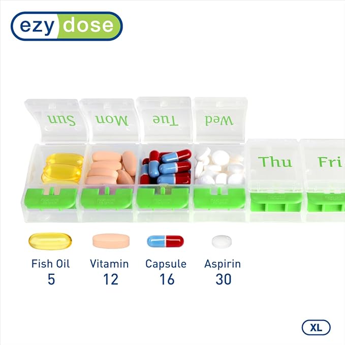 EZY DOSE Weekly (7-Day) AM/PM Daily Pill Organizer, Vitamin Case, and Medicine Container, X-Large Compartments, Arthritis Friendly, Convenient with Effortless Portability, Clear/Green Lids, BPA Free