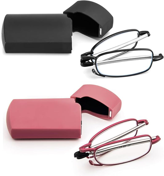 2 Pack Folding Reading Glasses Stainless Steel Mini Anti-Blue Light Blocking Reader for Men Women