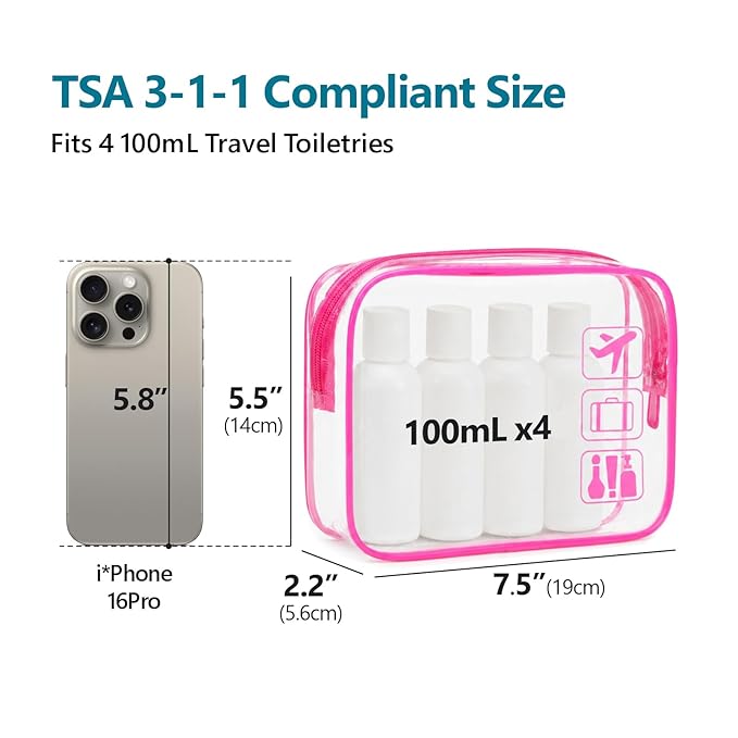 F-color TSA Approved Toiletry Bag 5 Pack Medium - Clear Makeup Bag Travel Quart Size for Women Men, Clear Cosmetic Bag Airport Airline Compliant Carry on Bag, 7.5×5.5×2.2", 5 Colors