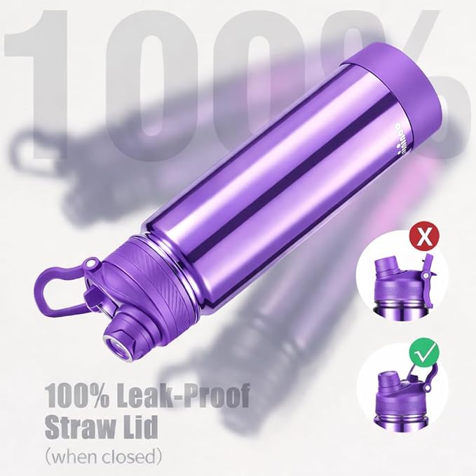 mininoo 24 oz Insulated Water Bottle with 2-in-1 Straw & Spout Lid, BPA-Free & Leak-Proof, Stainless Steel Water Bottle for Sports, Travel, and School, Violet Pulse