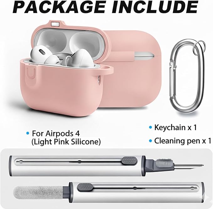 for AirPods 4 Case Cover with Cleaner Kit, Soft Silicone Cover for AirPods 4 Comes with Magnetic Lid Lock & Keychain-Solid for Women/Men,Pink
