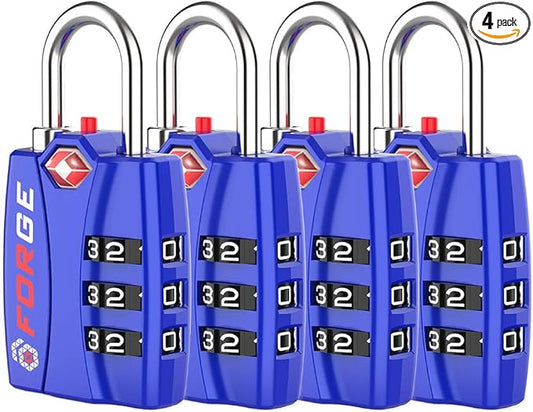 Forge Open Alert TSA Approved Luggage Locks - 3 Digit Combination, Easy Read Dials, Zinc Alloy Body - Ideal Travel Lock for Luggage, Suitcases, Bags & Toolboxes (Blue 4Pk)